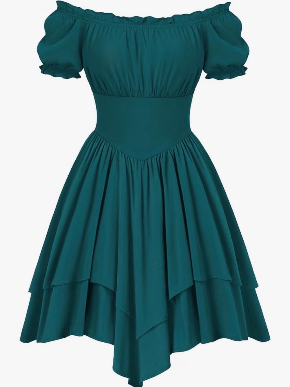 Blue Green Size L Off-Shoulder Teal Asymmetrical Midi Dress with Tiered Skirt
